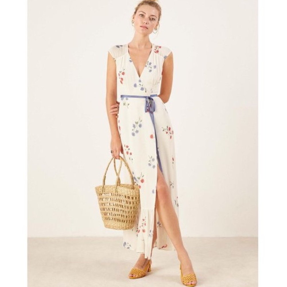 Reformation Cream Floral Wrap Maxi Dress with Blue Tie